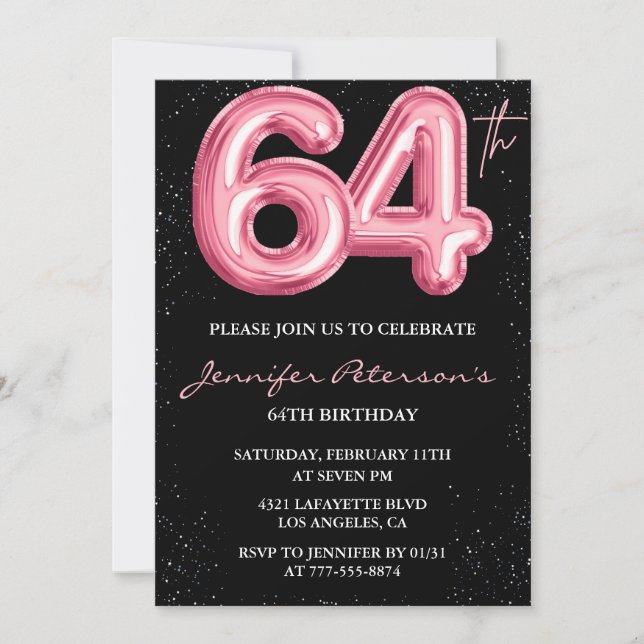Black Pink Balloon Glam Glitter 64th birthday Invitation (Front)