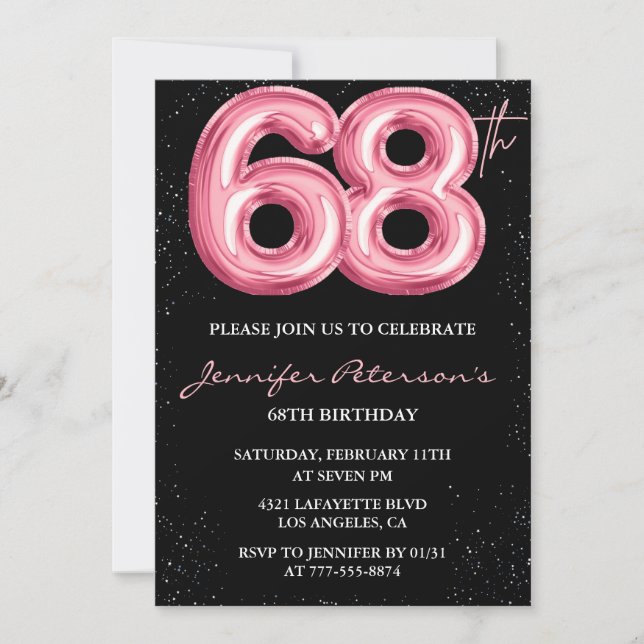 Black Pink Balloon Glam Glitter 68th birthday Invitation (Front)
