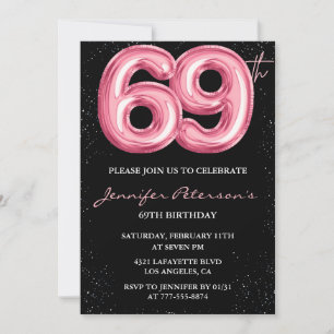 Black Pink Balloon Glam Glitter 69th birthday Invitation