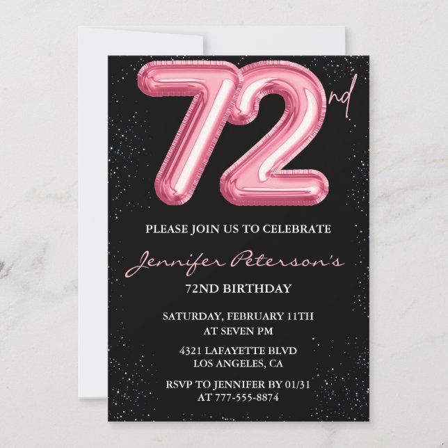 Black Pink Balloon Glam Glitter 72nd birthday Invitation (Front)