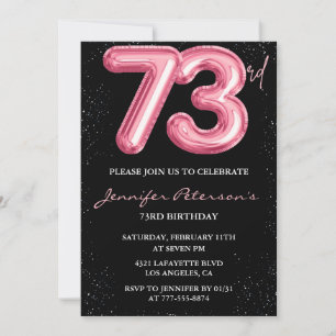 Black Pink Balloon Glam Glitter 73rd birthday Invitation