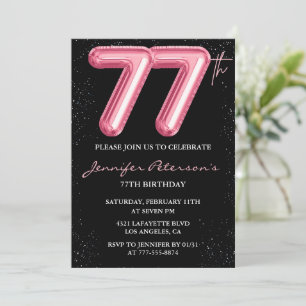 Black Pink Balloon Glam Glitter 77th birthday Invitation