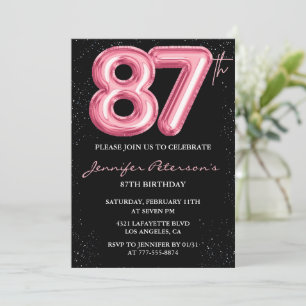 Black Pink Balloon Glam Glitter 87th birthday Invitation