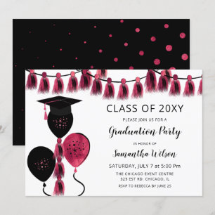 Black Pink Balloons Grad Hat Graduation Party Invitation