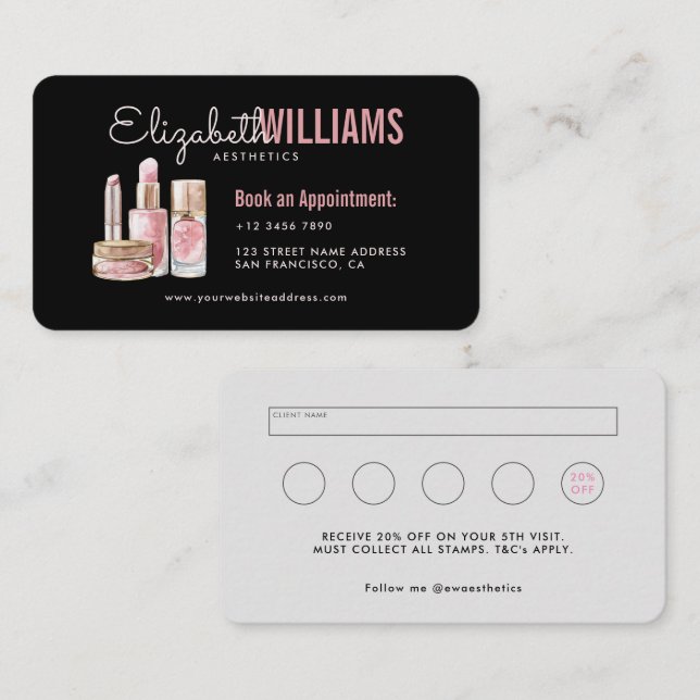 Black & Pink Beauty Aesthetics Loyalty & Business Card (Front/Back)