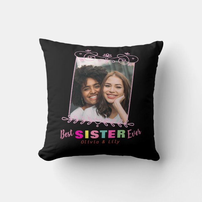 Black Pink Best Sister Ever BFF Photo Collage Cushion (Front)