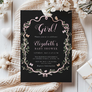 Black & Pink Blossom Floral Girl Baby Shower Invitation