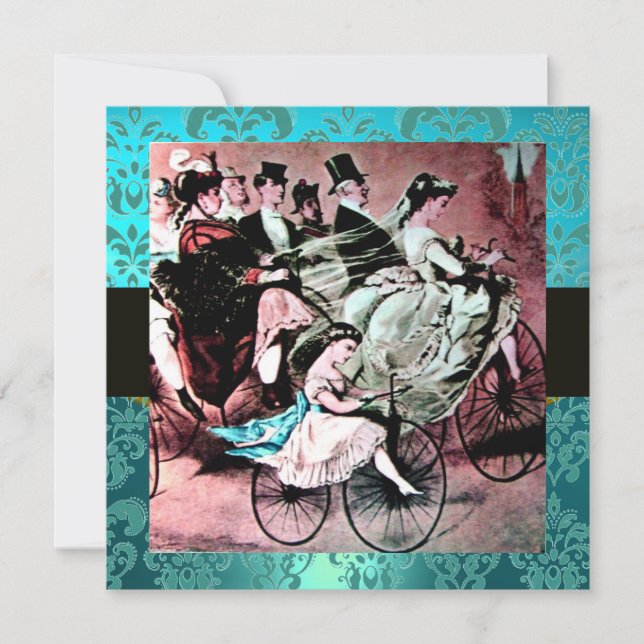 BLACK PINK BLUE BICYCLE WEDDING DAMASK MONOGRAM INVITATION (Front)