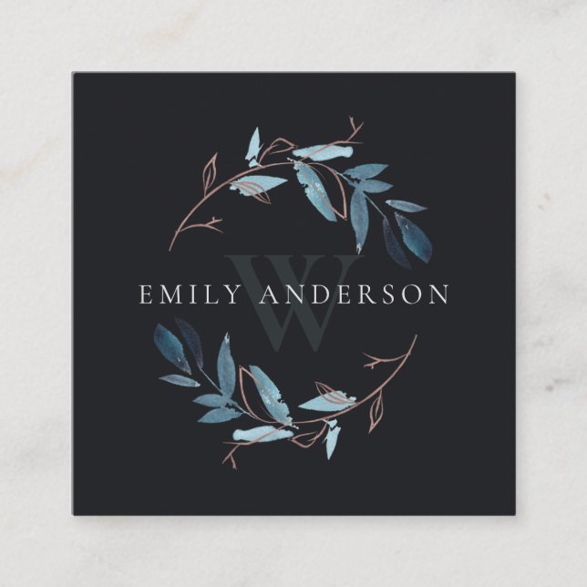 BLACK PINK BLUE FAUNA INITIAL WREATH PROFESSIONAL SQUARE BUSINESS CARD (Front)