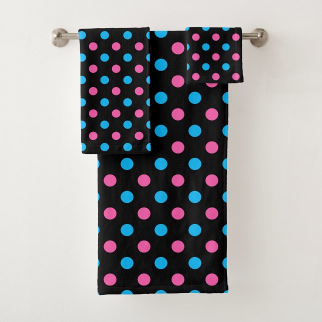 Black Pink Blue Polka Dot Pattern Bath Towel Set (Insitu)