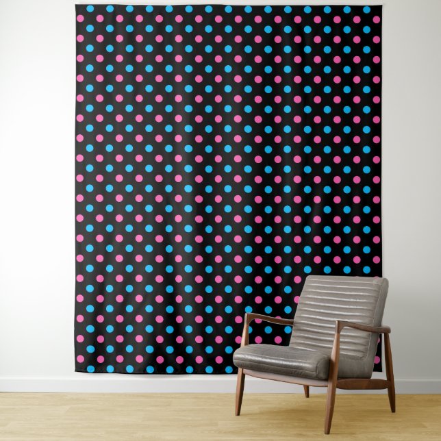 Black Pink Blue Polka Dot Pattern Tapestry (In Situ)