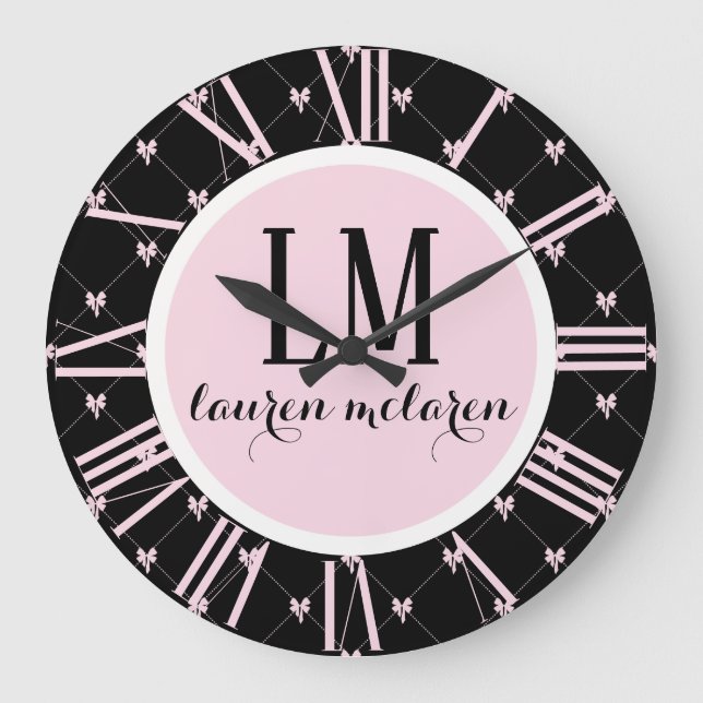 Black & Pink Bow Monogram Large Clock (Front)