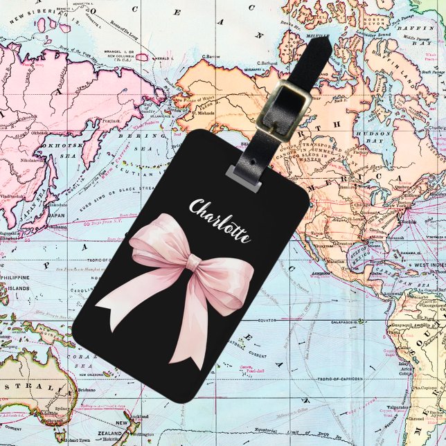 Black pink bow name script luggage tag (Creator Uploaded)
