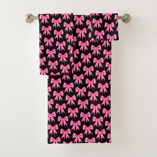 Black Pink Bows Bathroom Towel Set (Insitu)