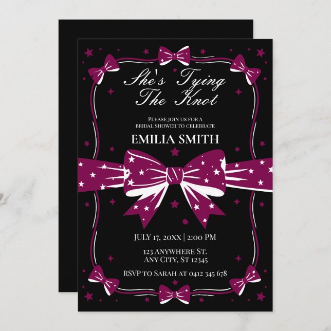 black pink Bows She's Tying the Knot Bridal Shower Invitation (Front/Back)