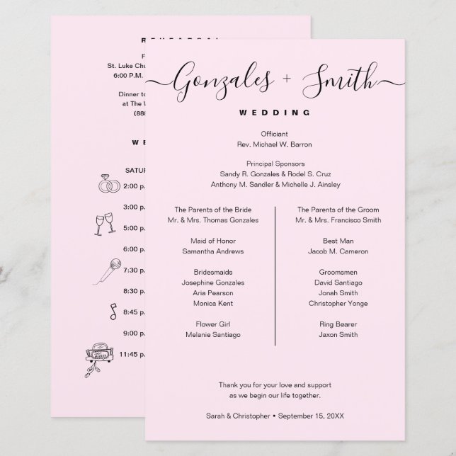 Black Pink bridal party Wedding Timeline list (Front/Back)