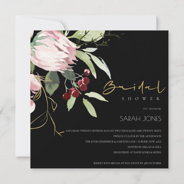 BLACK PINK BURGUNDY PROTEA FLORAL BRIDAL SHOWER INVITATION (Front)