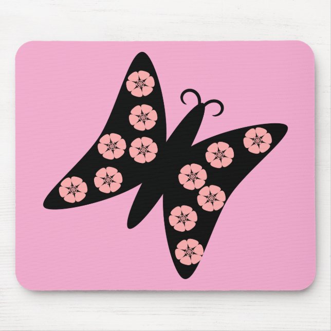 Black & Pink Butterfly Design Mouse Mat (Front)
