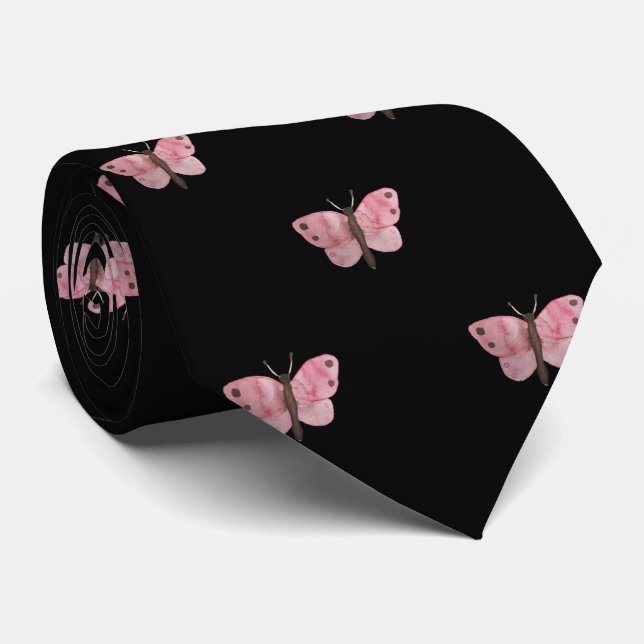 Black Pink Butterfly Wedding Professional Work Tie (Rolled)