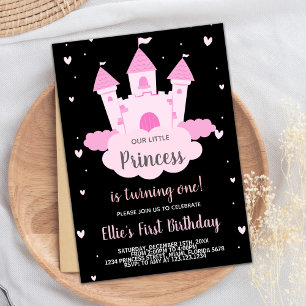 Black Pink Castle under Cloud Princess Birthday Invitation