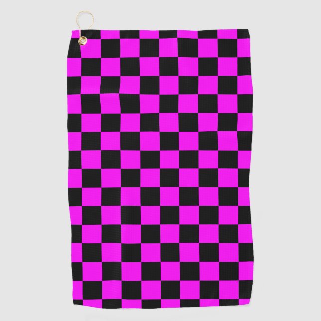 Black + Pink Check Chequered Chequerboard Pattern Golf Towel (Front)
