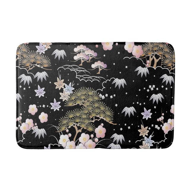 Black Pink Cherry Blossom Elegant Floral Pattern Bath Mat (Front)