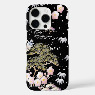 Black Pink Cherry Blossom Elegant Floral Pattern iPhone 16 Pro Case