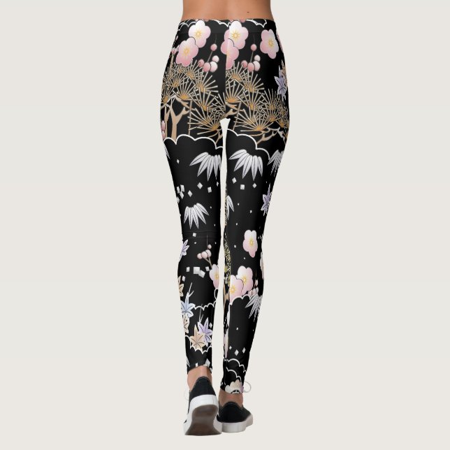 Black Pink Cherry Blossom Elegant Floral Pattern Leggings (Back)