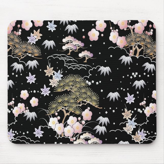 Black Pink Cherry Blossom Elegant Floral Pattern Mouse Mat (Front)