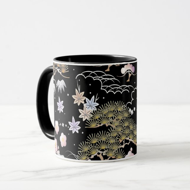 Black Pink Cherry Blossom Elegant Floral Pattern Mug (Front Left)