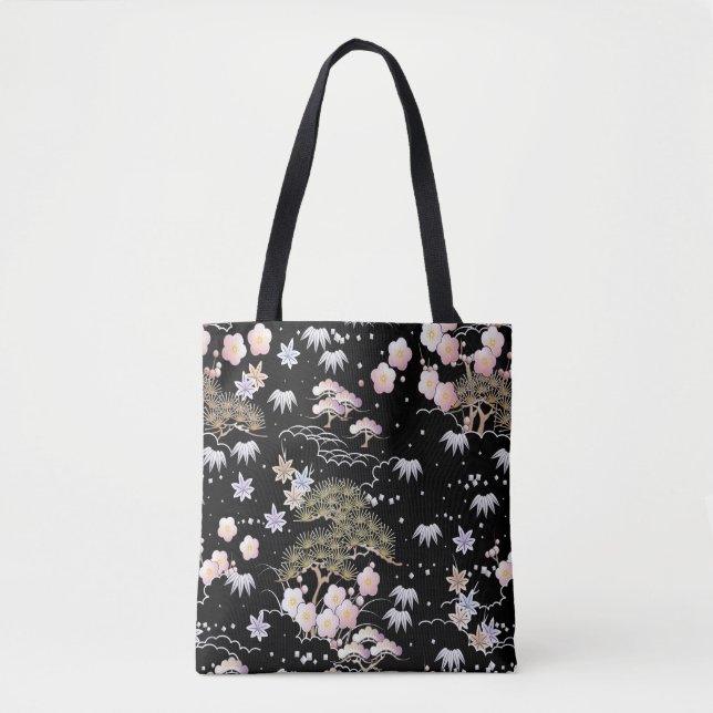 Black Pink Cherry Blossom Elegant Floral Pattern Tote Bag (Front)