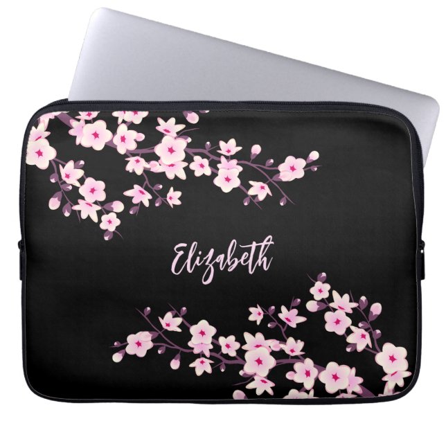 Black Pink Cherry Blossom Monogram Laptop Sleeve (Front)