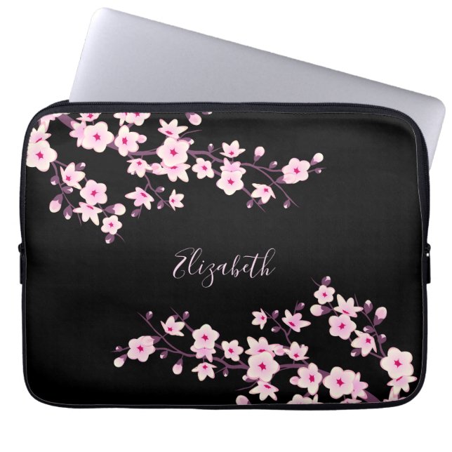 Black Pink Cherry Blossom Monogram Laptop Sleeve (Front)