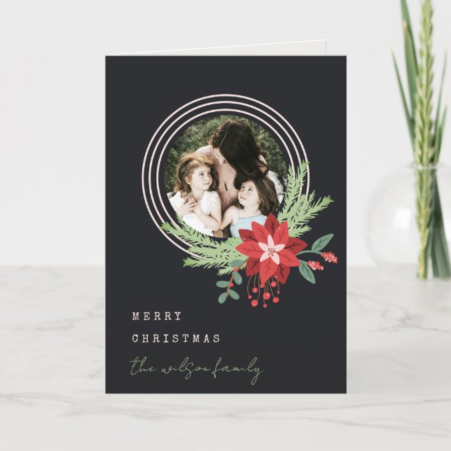 Black Pink Circle Christmas Photo Poinsettia Flora Holiday Card (Front)