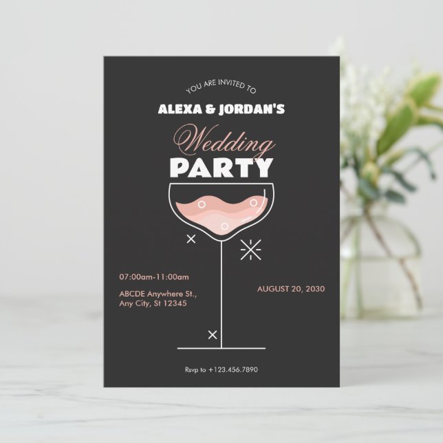 Black pink cocktail glass wedding party Invitation (Standing Front)