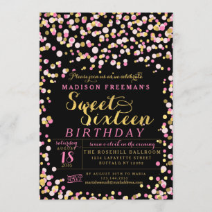 Black Pink Confetti Gold Foil Sweet 16 Party Invitation