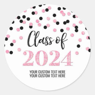 Black Pink Confetti Graduation 2024 Classic Round Sticker