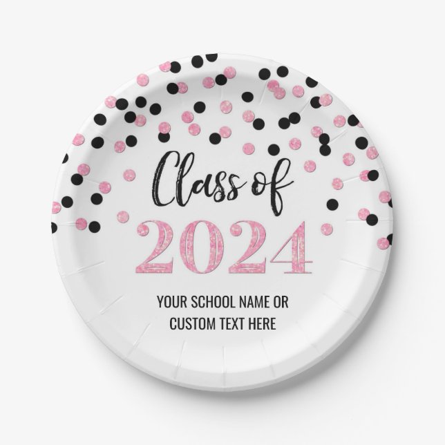 Black Pink Confetti Graduation 2024 Paper Plate (Front)