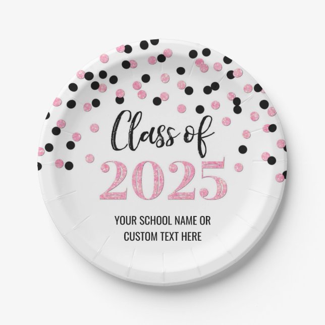 Black Pink Confetti Graduation 2025 Paper Plate (Front)