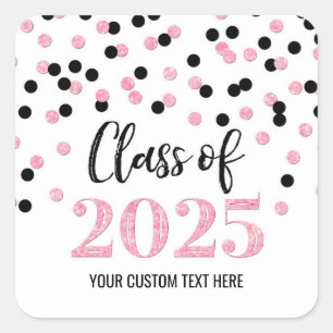 Black Pink Confetti Graduation 2025  Square Sticker