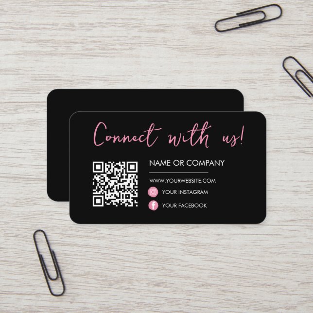 Black Pink Connect with us Social Media Qr Code Business Card (Front/Back In Situ)