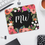 Black Pink Coral Boho Flower Frame Monogrammed Mouse Mat<br><div class="desc">Floral mouse-pad featuring a frame of hand-drawn flowers in orange,  hot pink,  coral red,  and blush pink against a black background. Add your initial in a pretty white calligraphy script.</div>