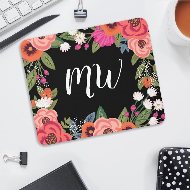 Black Pink Coral Boho Flower Frame Monogrammed Mouse Mat (Creator Uploaded)