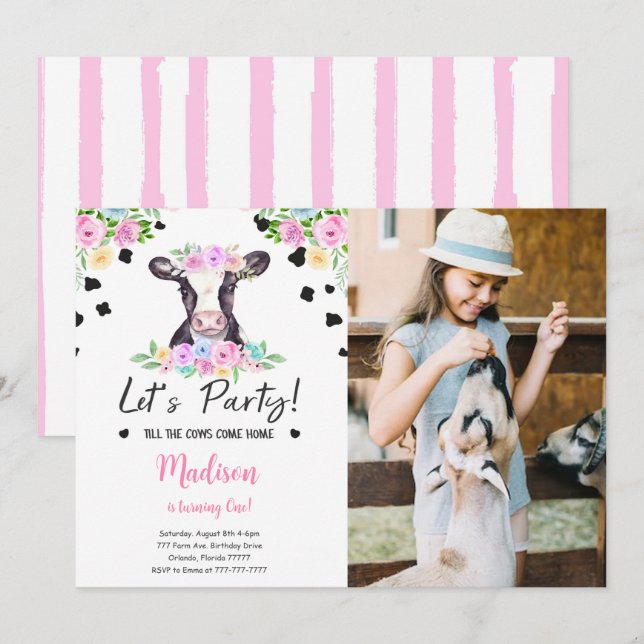 Black & Pink Cow Birthday Photo Invitation (Front/Back)