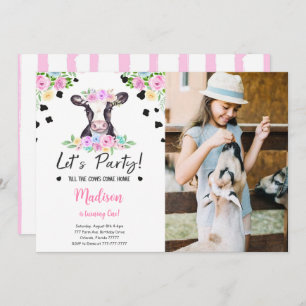 Black & Pink Cow Birthday Photo Invitation