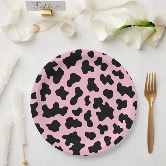 Black & Pink Cow Cowhide Print Birthday Party Paper Plate (Wedding)