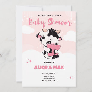 Black Pink Cow White Cloud Baby Shower  Invitation