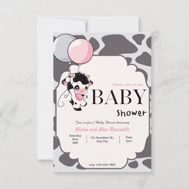 Black Pink Cow with Balloon baby shower invitation (Front)