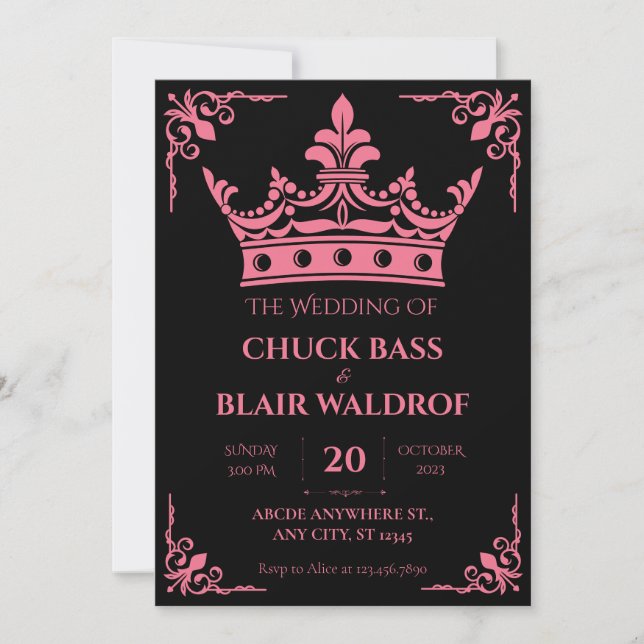 Black pink crown wedding  invitation (Front)