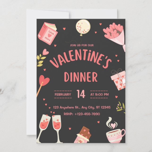 Black & Pink Cute Valentine's Dinner Invite  (Front)